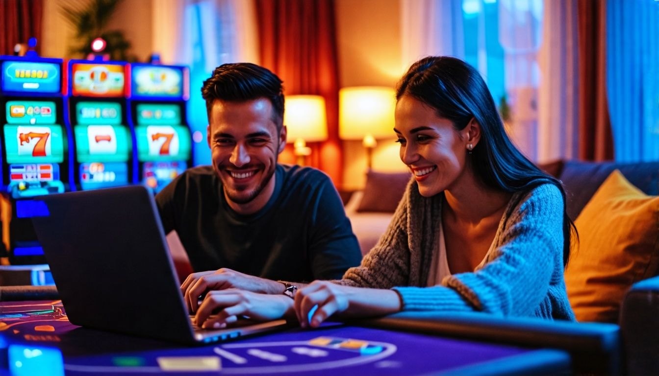 Una giovane coppia sorride mentre gioca a giochi da casinò online su un laptop.